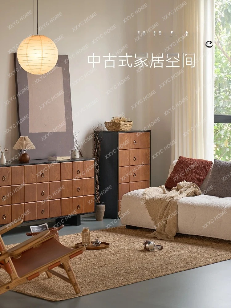 A  Medieval solid wood nine-bucket cabinet wabi-sabi locker Nordic storage side cabinet walnut color
