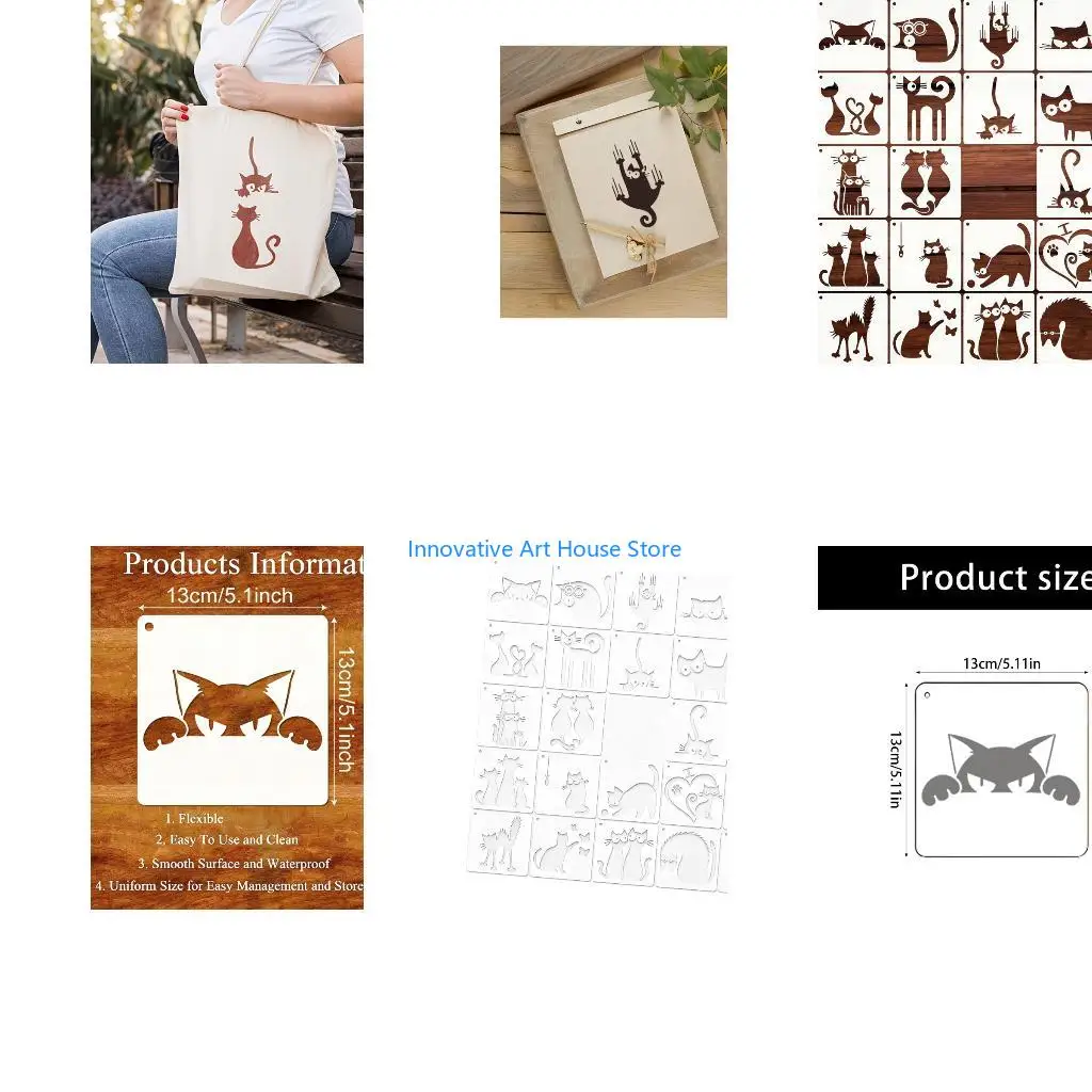 E1PC Feline Pattern Template, 24 PET Drawing Templates for Canvas Bag, Shirts
