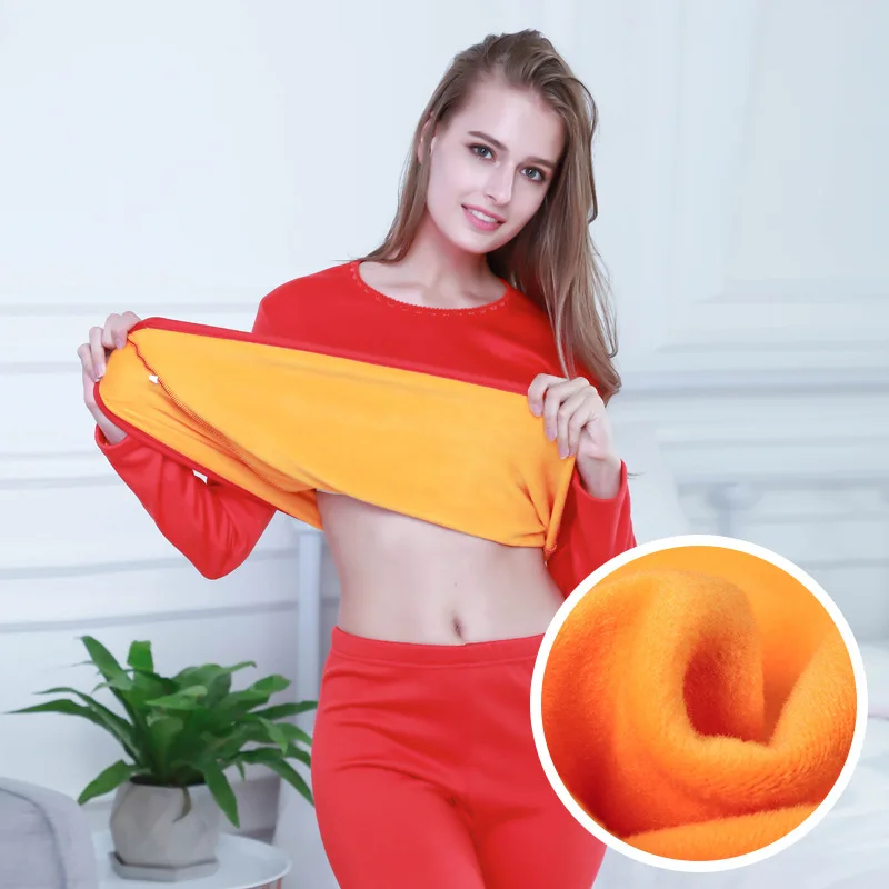 Women\'s Underwear Sets Intimate Thermal Underwear Winter Clothing Gold Color Fleece 2 Pieces Big size from L to 6XL