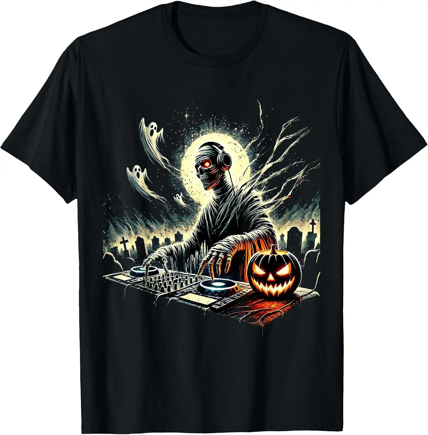 Spooky Mummy DJ Halloween Music Vibes Creepy Scary Horror T-Shirt Men's Graphic Print T‑Shirt, Casual Short Sleeve Crew Neck Tees, Summer Daily Wear Soft Cotton Tops for Male.