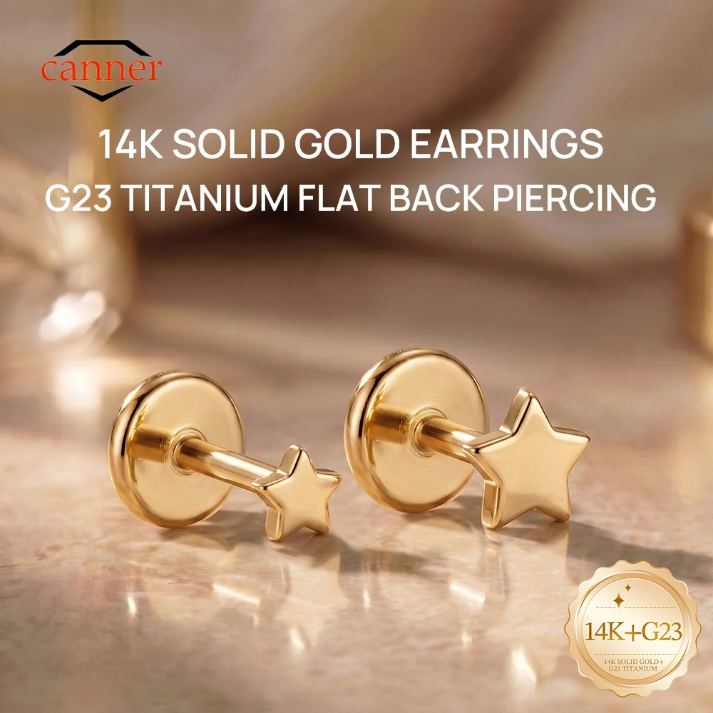 CANNER 14K Solid Gold 2/3mm Smooth Pentagram G23 Titanium Piercing Stud Earring Cartilage Helix Flat Back Hypoallergenic Earring