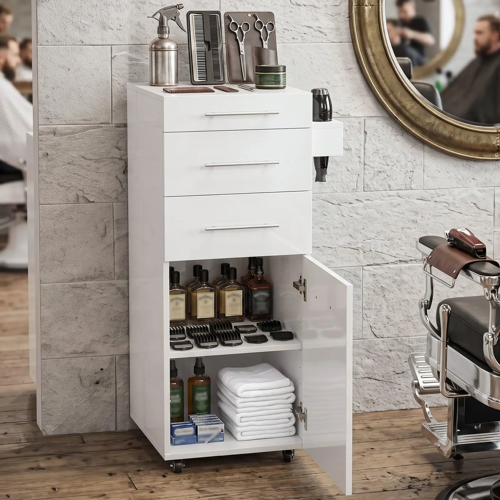 Salon Cart with Wheels, 3-Tier Rolling Hair Styling Station, 2 Drawers & Adjustable Shelf, Hair Dryer Holder, Mobile