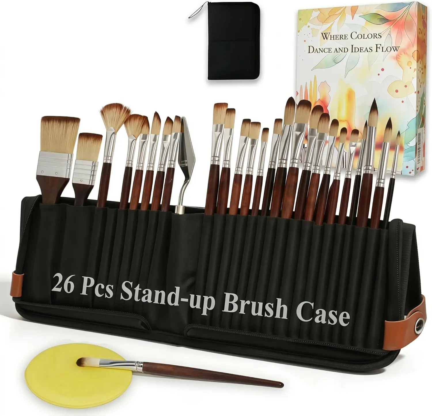 

26-Piece Paint Brush Set with Stand-Up Case, Travel Watercolor Acrylic Brushes for Artists