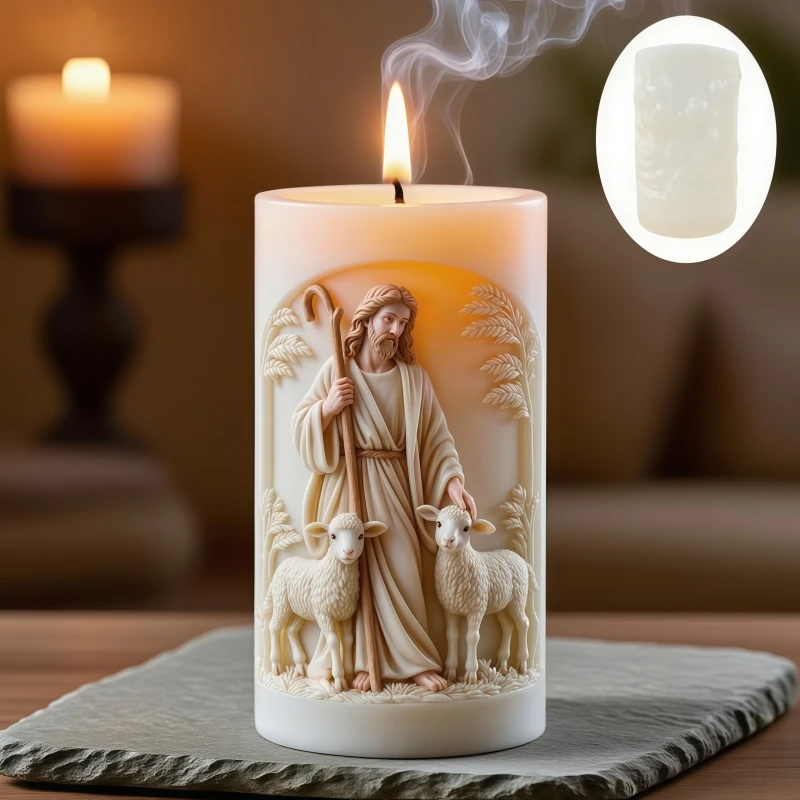 Jesus Shepherd Relief Cylinder Candle Silicone Mold Easter Jesus Shepherd Flower Resin Mold Jesus Sheep Relief Gypsum Mold