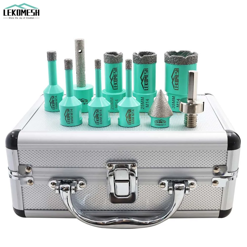 

10pcs/set M14 Thread Diamond Core Drill Bits+10mm Finger Bit Chamfer Bit HEX Adapter With Aluminum Box For Tile Marble Porcelain