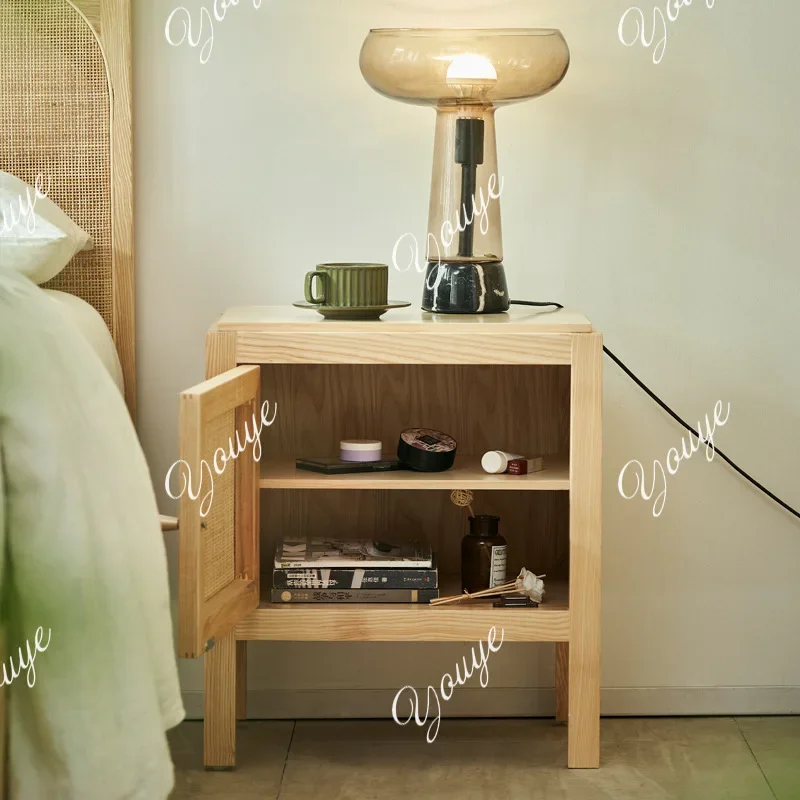 XM Nordic Solid Wood Bedside Table Two-layer Rattan Locker Modern Simple Bedroom Furniture Log Color Storage Cabinet