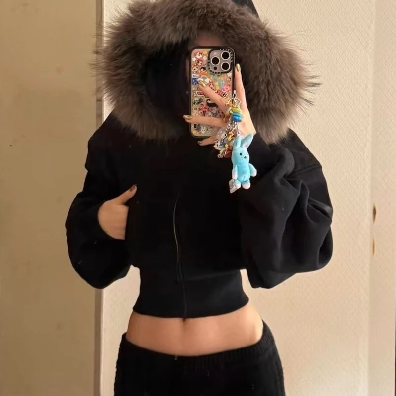 Deeptown Black Fur Collar Zipper Hoodies Women Vintage Fashion Crop Hooded Sweatshirt Korean Style High Street Harajuku Hoodies