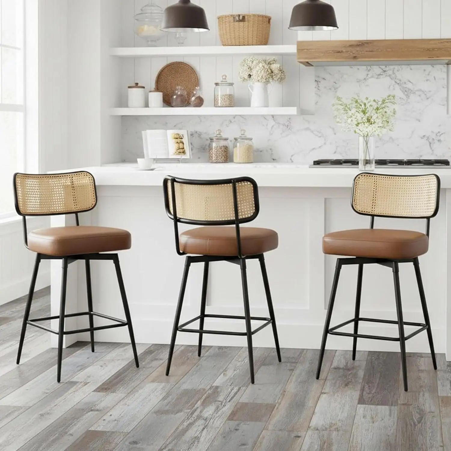 

Swivel Counter Height Bar Stool with Rattan Back Metal Legs Faux Leather Upholstery Kitchen Home Bar Brown Set of 3 Customized