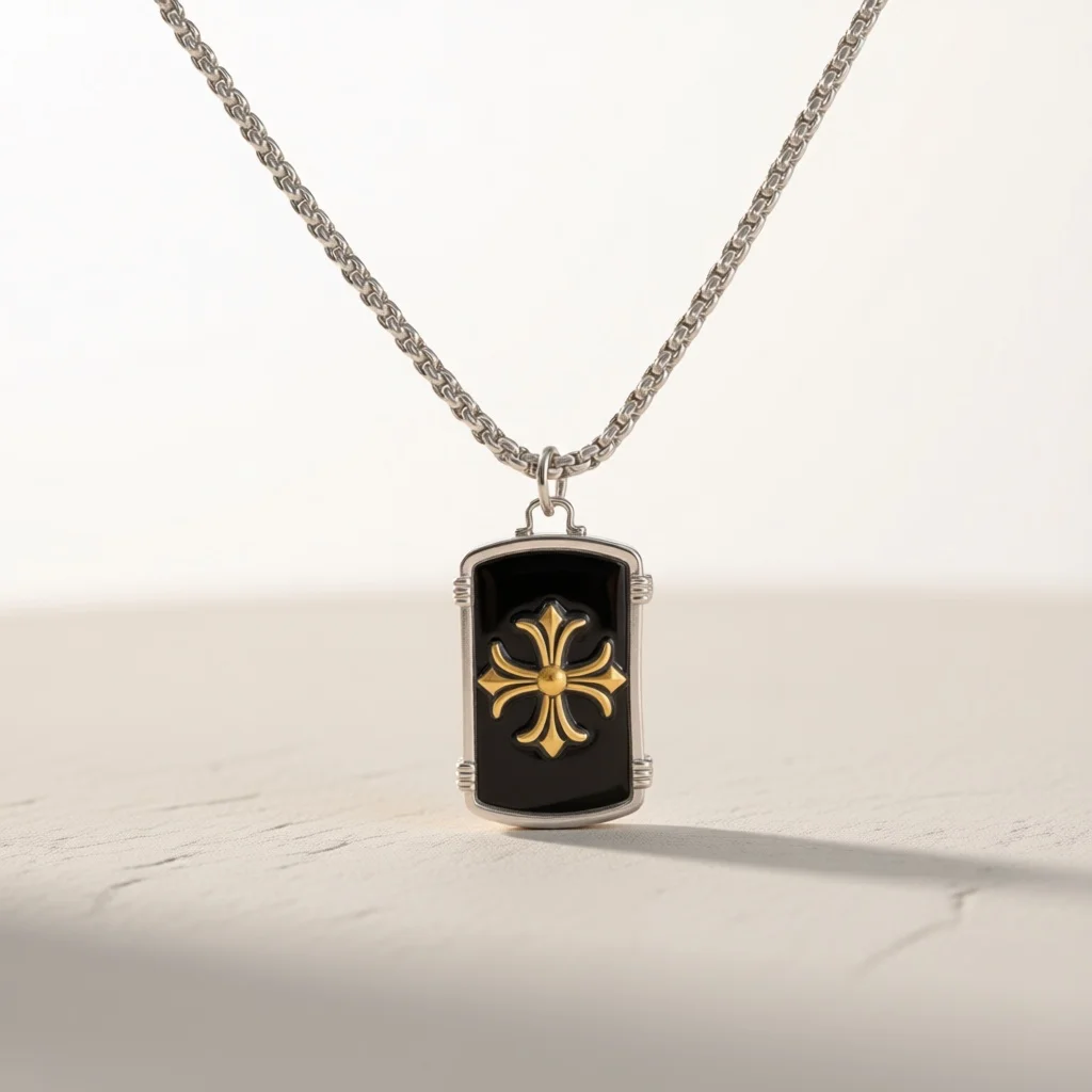 Two‑Tone Black Enamel Tag Pendant Necklace, Embossed Floral Rectangle Clavicle Chain, Retro Fashion Jewelry Gift for Men Women
