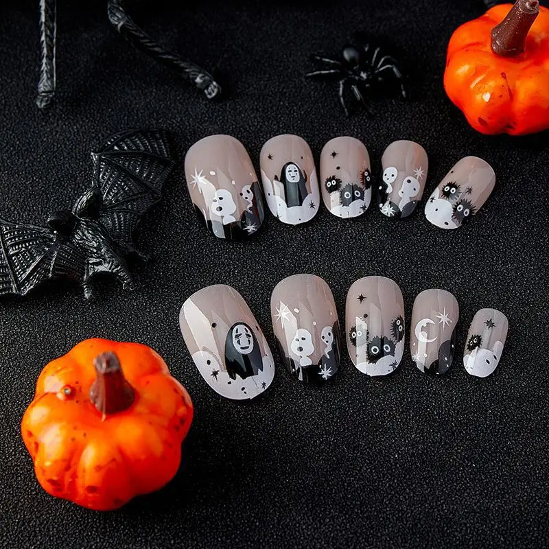 24Pcs Almond Coverage Press On Nails Halloween Funny Fake Nails Cute Briquette Reusable False Nail Medium-long Star Wear Nails