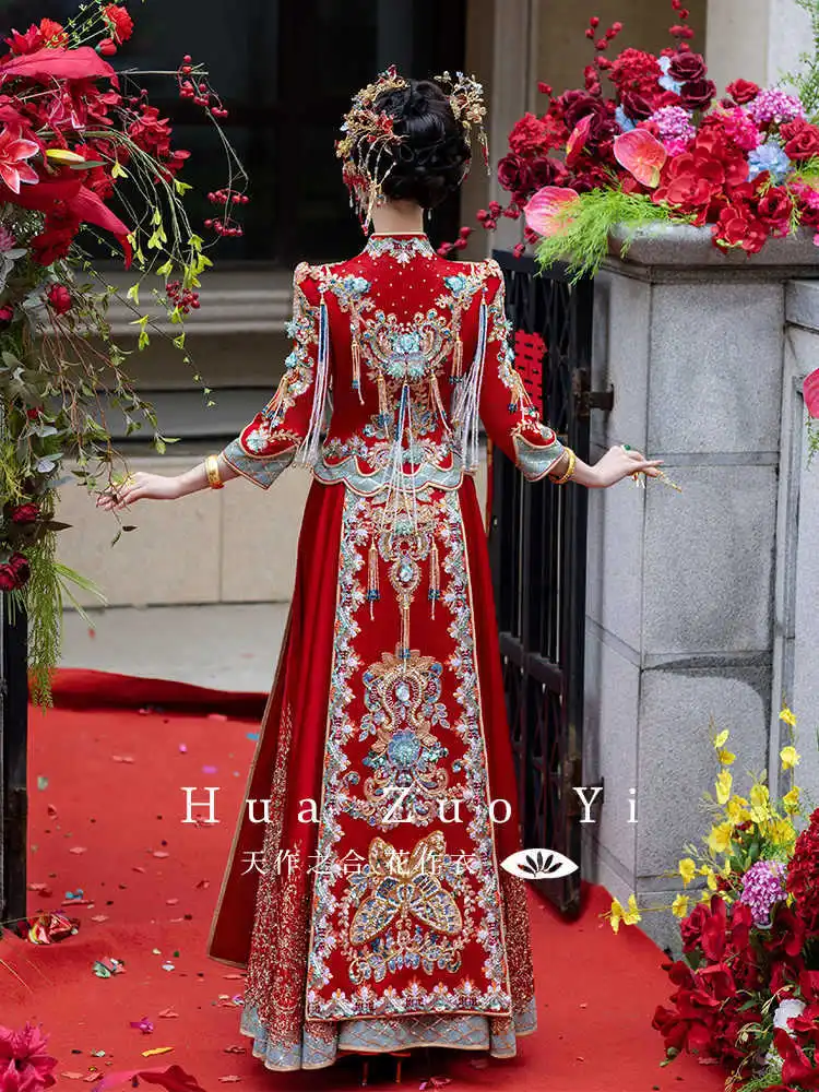 Luxury High Quality Sequins Beading Embroidery Couple Wedding Suit Refined Banquet Evening Dress Elegant Bride Cheongsam Dress