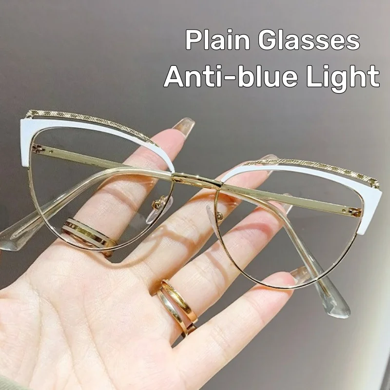 

Metal Frame Fashion Cat Eye Plain Glasses Personalised Anti-Blue Light Glasses Luxury Brand Designer Popular Metal Eyeglasses