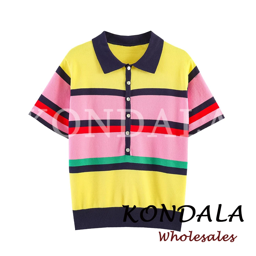 KONDALA Chic Summer Modern Striped Women Knitwear Streetwear Y2K Fashion 2026 POLO Shirt Turn-down Collar Female Casual Sweaters view 2