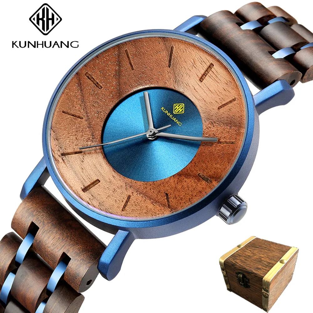 

KUNHUANG Quartz Watches for Men Wooden Male Wristwatches Top Luxury Brand Business Men's Chronograph Clock Reloj Hombres