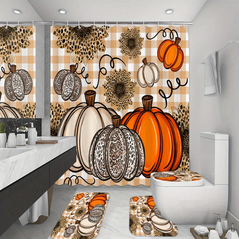 Thanksgiving 4pcs Beige Leopard Orange Pumpkins Shower Curtain Set, Autumn Pumpkins and Sunflowers Bathroom Sets with Shower C