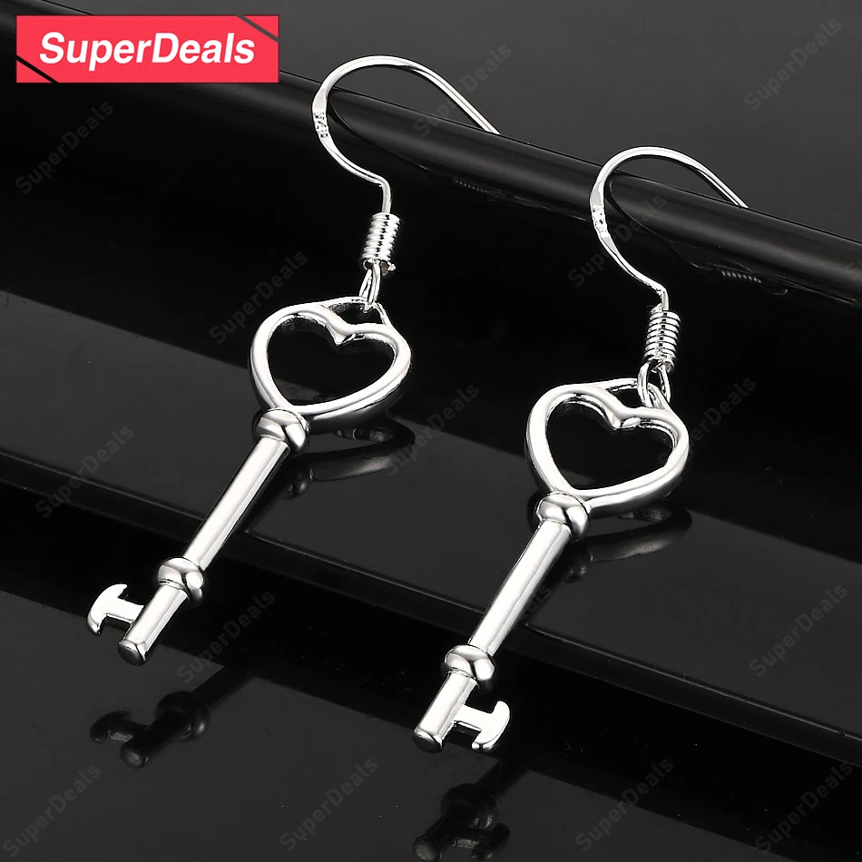 

SuperDeals 925 Sterling Silver Heart Shaped Key Drop Earring Exquisite Cute Jewelry Fashion Charm Wedding Birthday Party Gift