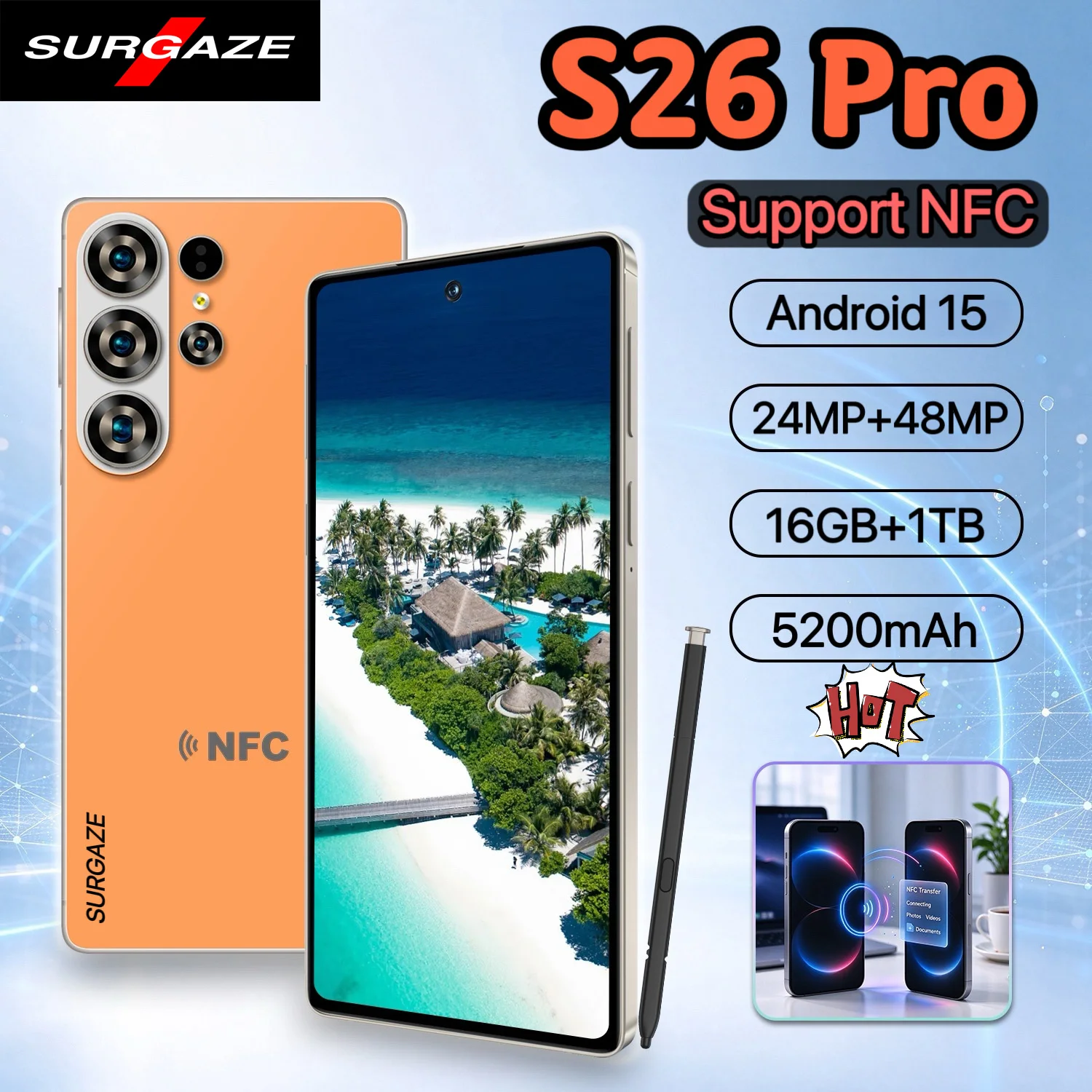 هاتف SURGAZE S26 Pro الذكي الجديد الرائج، يدعم NFC، 16 جيجابايت + 1 تيرابايت، أندرويد 15، بطارية 5200 مللي أمبير، 5G، شريحتين، إصدار عالمي، هاتف محمول جديد وصل حديثًا