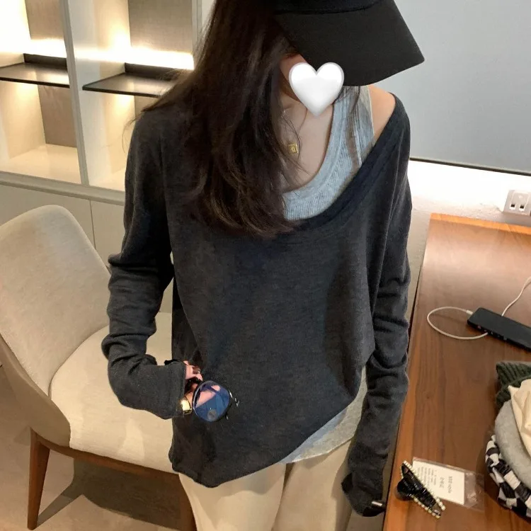 Grey Off Shoulder Knitted Vest Two-piece Sets 2024 Autumn Thin Long Sleeve Loose Pullovers+ Y2k Slim Fit  for Women