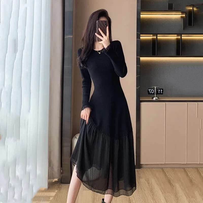 Vendita calda donne nero Patchwork vestito in maglia per la primavera autunno 2023 nuova moda o-collo sottile femminile lungo fondo maglione abiti
