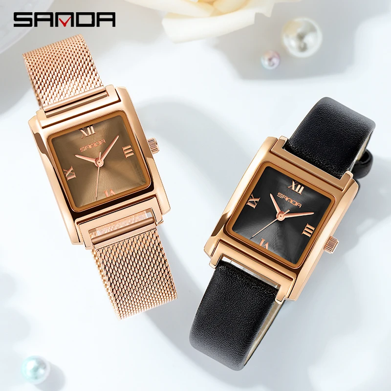 Fashion Sanda Top Brand 1067 New Japan Quartz Movement Red Dial Roman Square Leather And Mesh Steel Ladies Rose Gold Wrist Watch