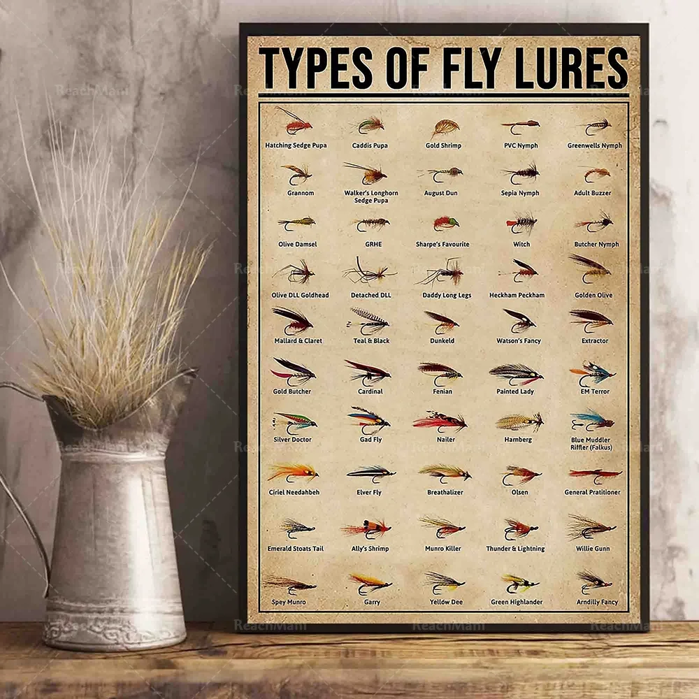 Fly bait poster types, vintage fly fishing typographic art poster lake life, fishing gifts, fishing lures, housewarming gifts