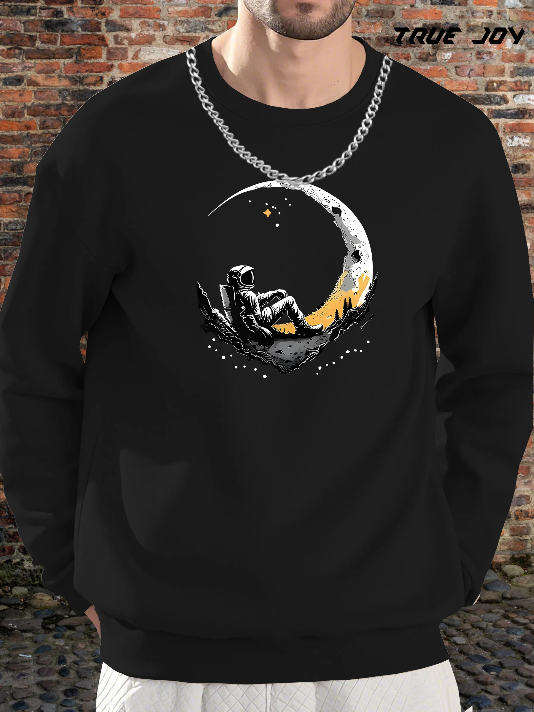 

Men's Space Astronaut Moon Night Print Casual Sweatshirt - Relaxed Fit Long Sleeve Round Neck