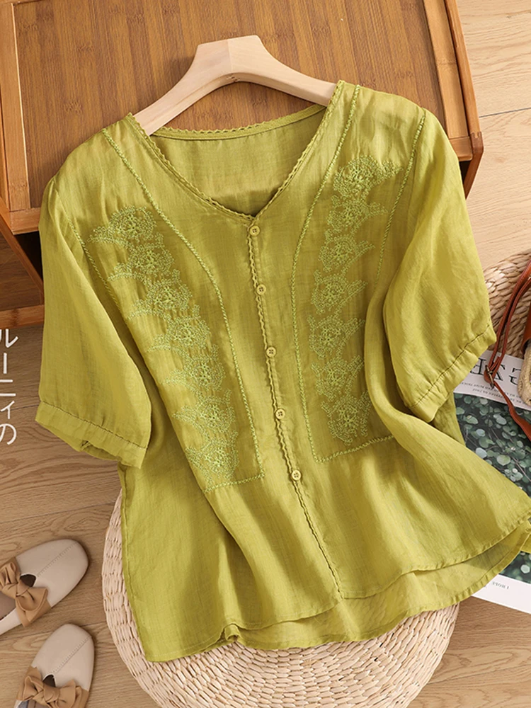 예술적인 버튼 장식 코튼 린넨 오르트 스웨이드 브이넥 불규칙한 밑단 순색 탑 여름 플러스 사이즈 여성용 셔츠