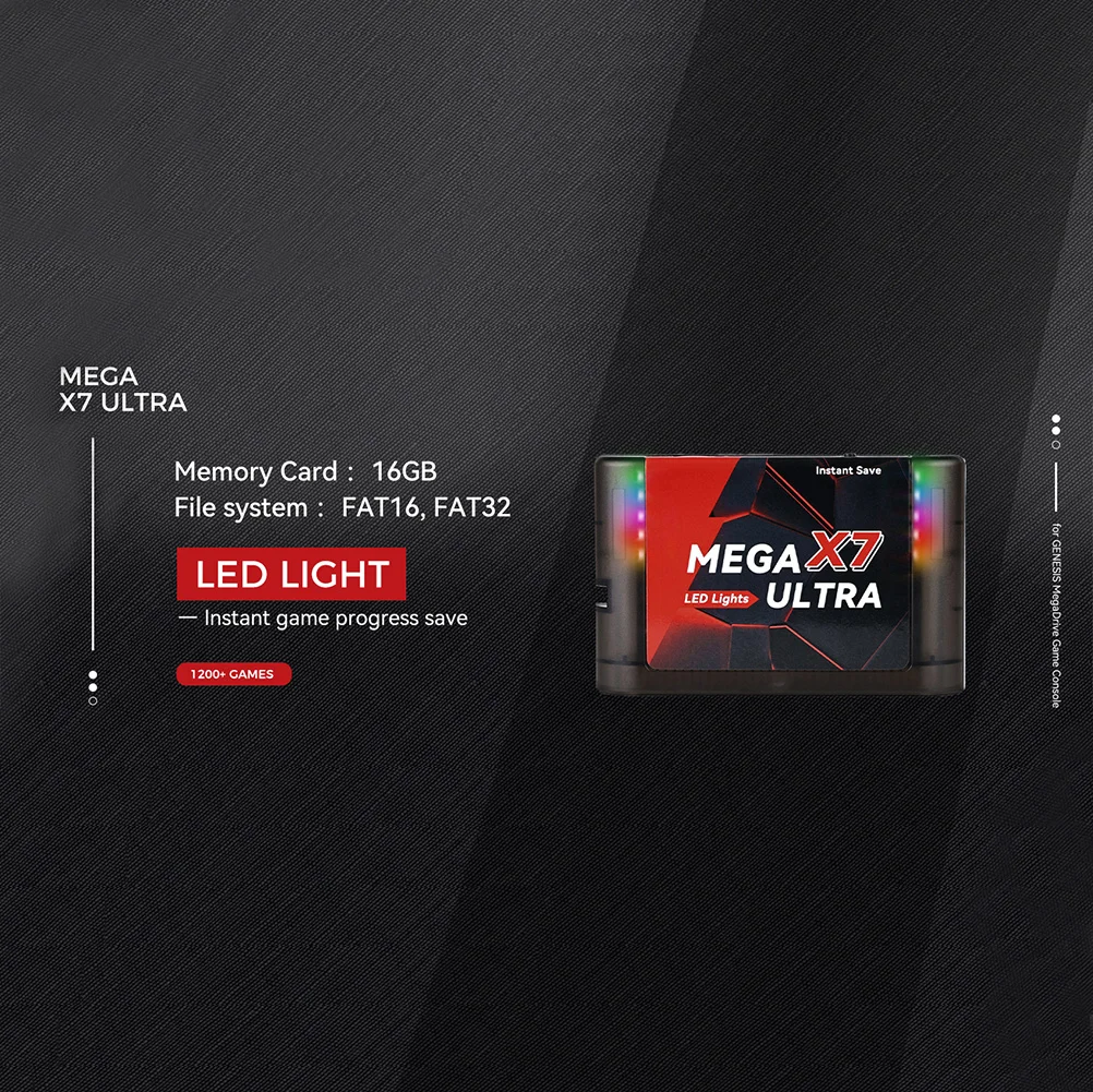 Cartucho de Jogo LED Light Mega X7 Ultra Instant Save para SEGA GENESIS Mega Drive MegaDrive com Suporte Manual 32x