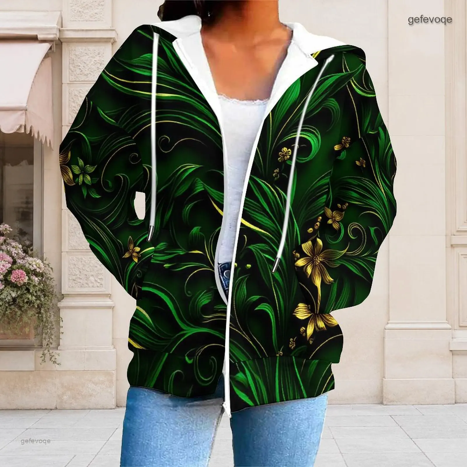 Women Green Swirl Foliage Golden Floral Printed Zip Up Long Sleeve Hoodie