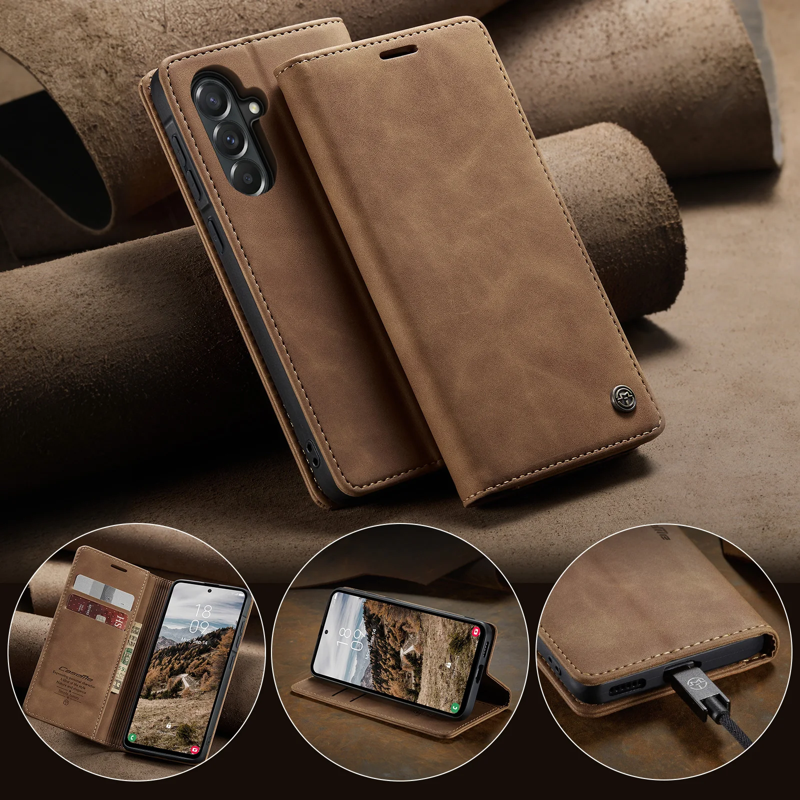 

For Samsung Galaxy A57, Caseme-013 Luxury Vintage PU Leather Flip Wallet Case,Double Folding Layer Imprinted LOGO Card Holder