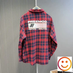 Back Puff Foam Print Pattern Stripe Plaid Long Sleeve Shirt Men Women Autumn High Quality Streetwear Casual Loose V-shape Shirt