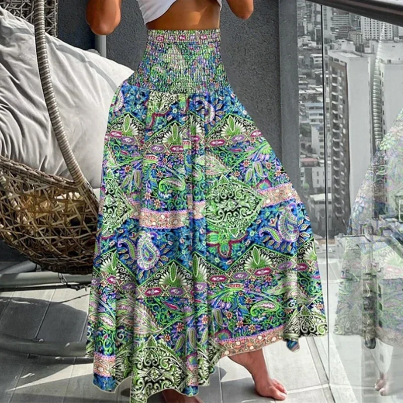 

2024 Temperament Elastic High Waist Swing Long Skirts All Match Pleat Half Dresses Vintage Pattern Print Women Bohemian Skirt