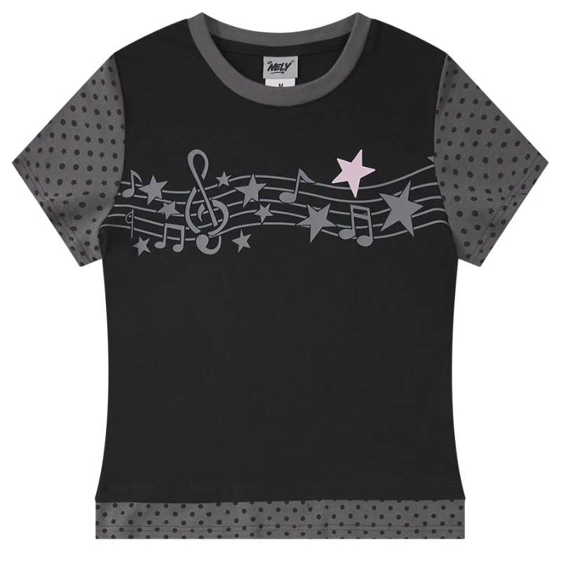 التصميم الياباني الأبيض Y2K الموسيقى ملاحظة ستار خارج الكتف قصيرة الأكمام المرأة تي شيرت جديد التخسيس تنوعا تي شيرت قصير السيدات #5