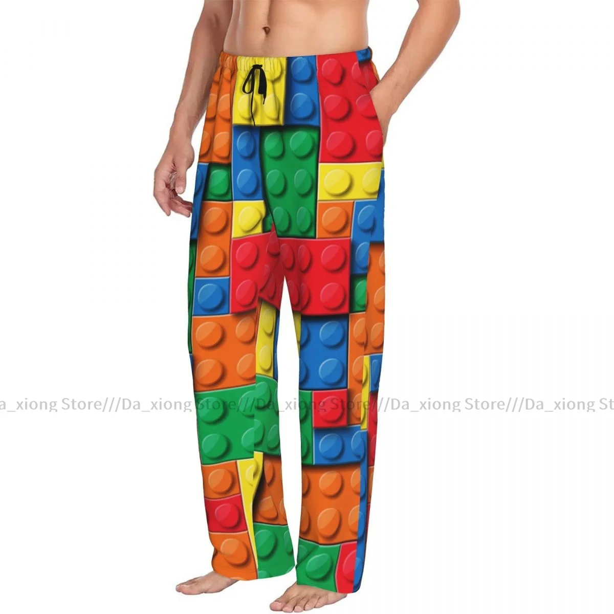 Ropa de dormir para hombre, pantalones de dormir sueltos, pijamas coloridos, bloques de construcción, pantalones largos de salón, ropa de casa