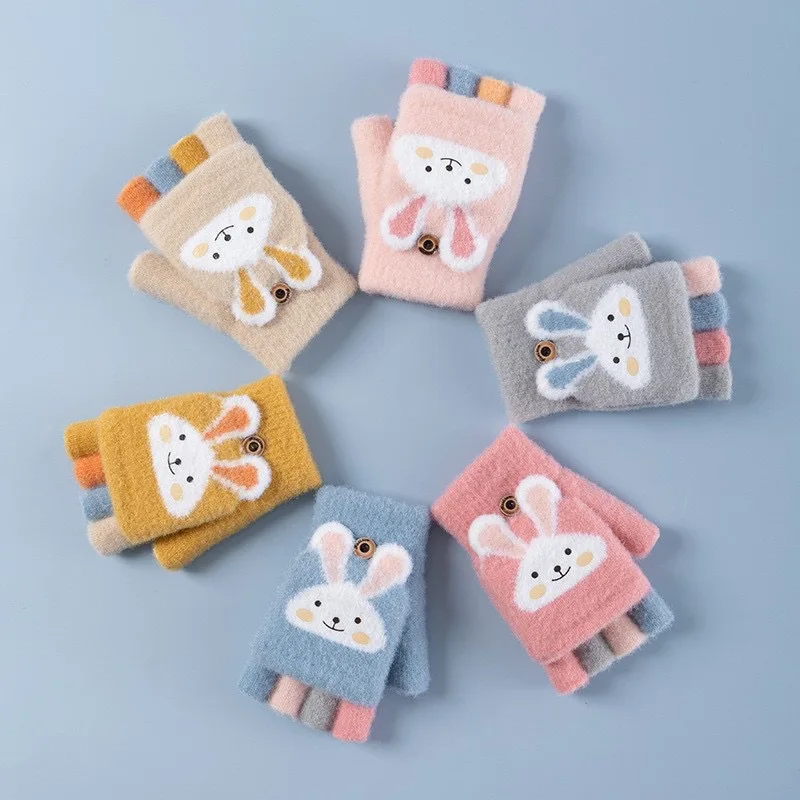 

Детские перчатки с мультяшным кроликом и пятью пальцами, зимние теплые вязаные перчатки с полуоткидной крышкой для детей 4–11 лет