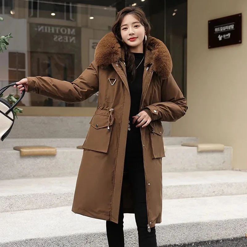 2024 New Winter Jackets Women Long Solid Puffer Jacket Wool Liner Long Female Parkas Hooded With Fur Collar Thick Coat Outwear