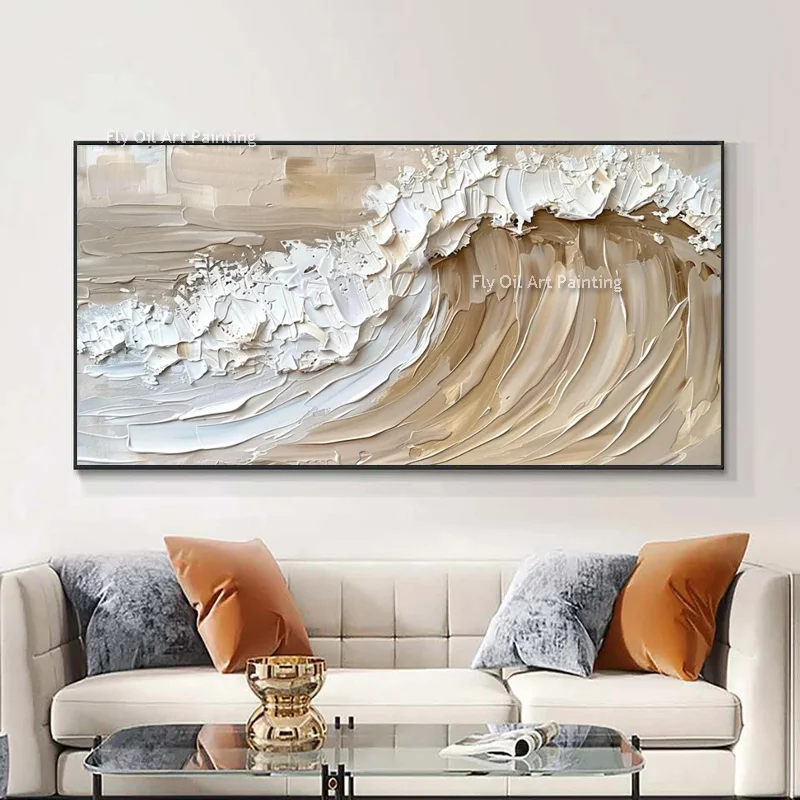 Handmade Blue Brown Seawave Knife Thick Oil Painting Large Blue White Sea Scape Canvas Painting Modern Wall Art Sea Artwork