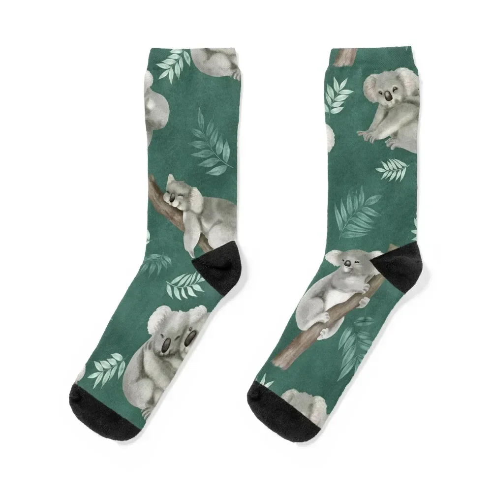 Cute koala and leaves branch watercolor illustration on green background. Sweet Australian animal children pattern Socks