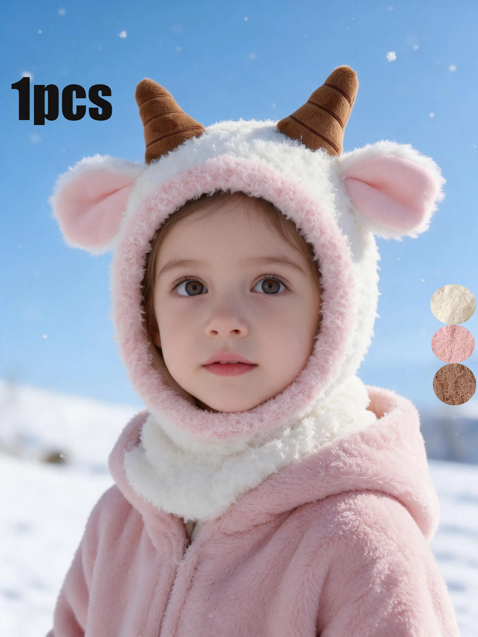 1pcs 1-6Y Kids Girls Cute Knitted Balaclava, Integrated Lamb Ear & Horn Shape, One Piece Neck Cover Design, Soft Fabric
