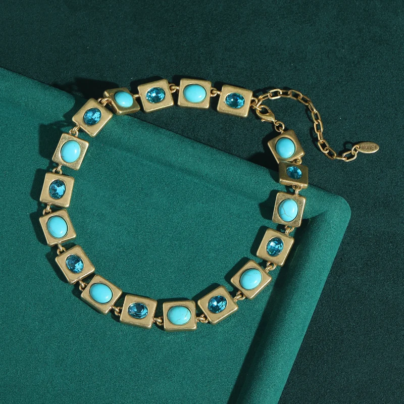 Vintage Gradient Blue Turquoise Crystal Jewelry Sets Designers Square 18k Gold Plated Necklace Bracelet Drop Earring Brand Gift