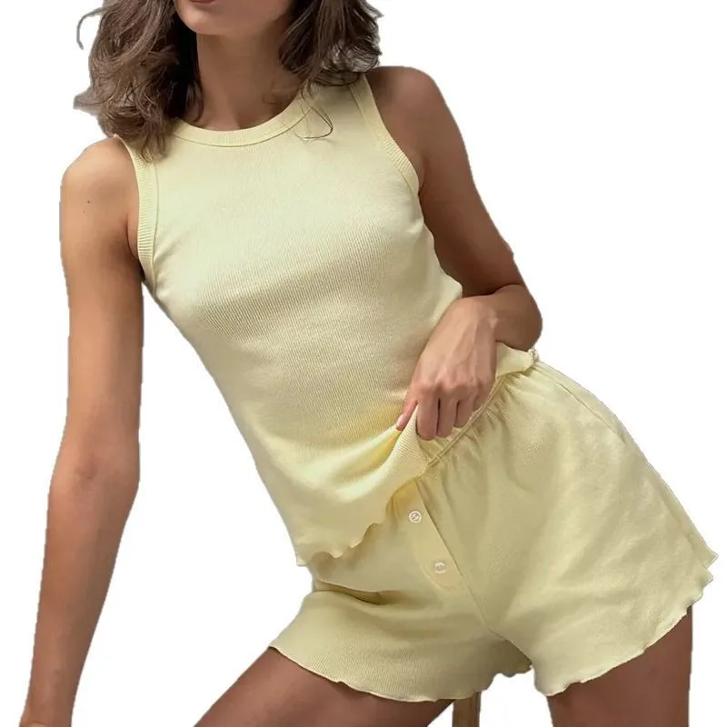 2025 새로운 봄, 여름 잠옷 세트, 단색 편안한 조끼, 반바지, 캐주얼 Loungewear 투피스 세트 여성 의류