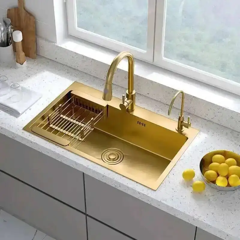 Sinks Stainless Home Modern Kitchen Gold Steel Kitchen Accessories Light Luxury Handmade Single-slot Kitchen Under-counter Basin