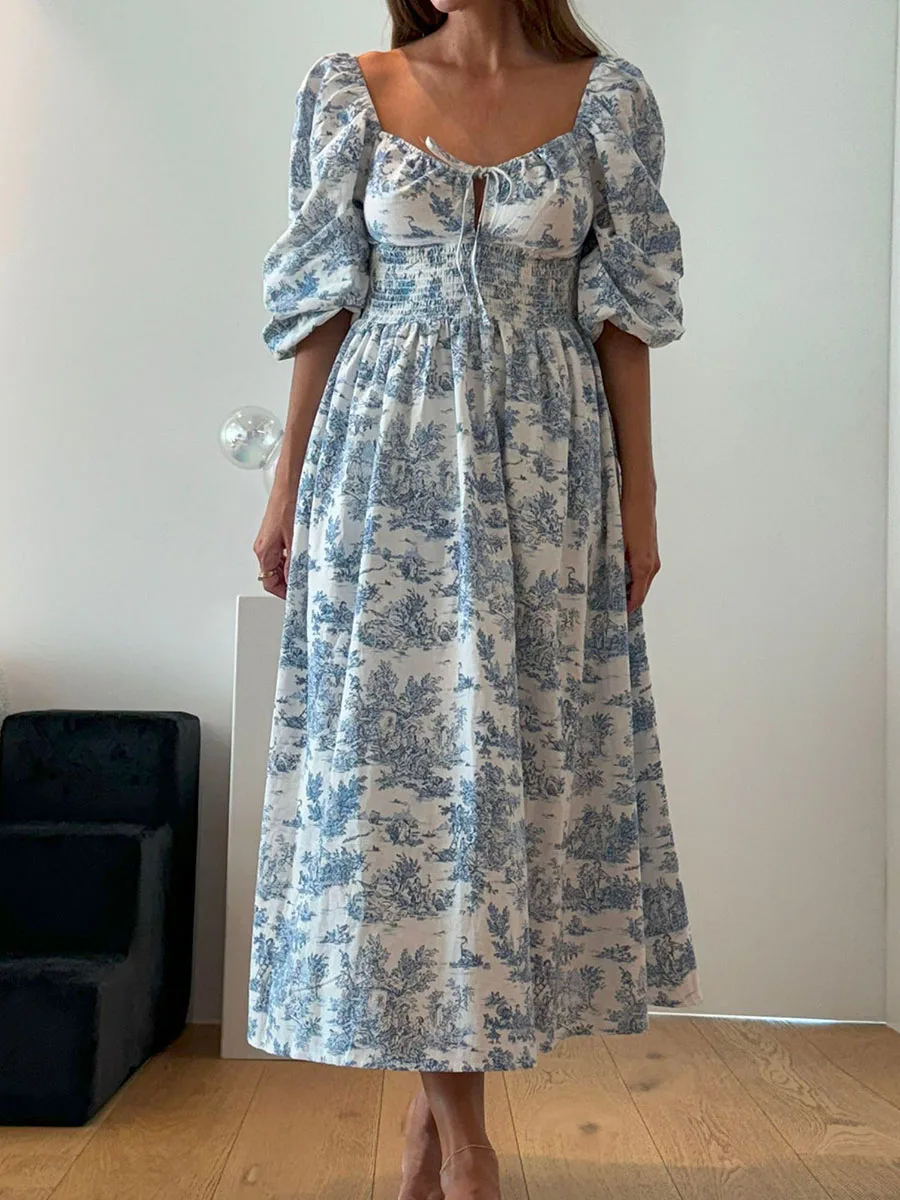 Nuovo abito lungo autunnale da donna elegante cravatta con motivo floreale smocked manica lunga a lanterna abito casual a linea vendita calda SML