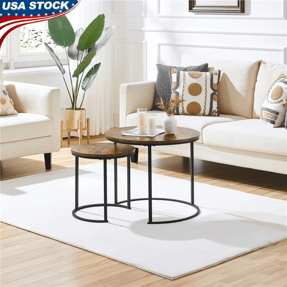 

Nesting Coffee Table Set Round Wooden Top Industrial Style Sturdy MDF Iron Frame Easy Assembly Living Room Furniture
