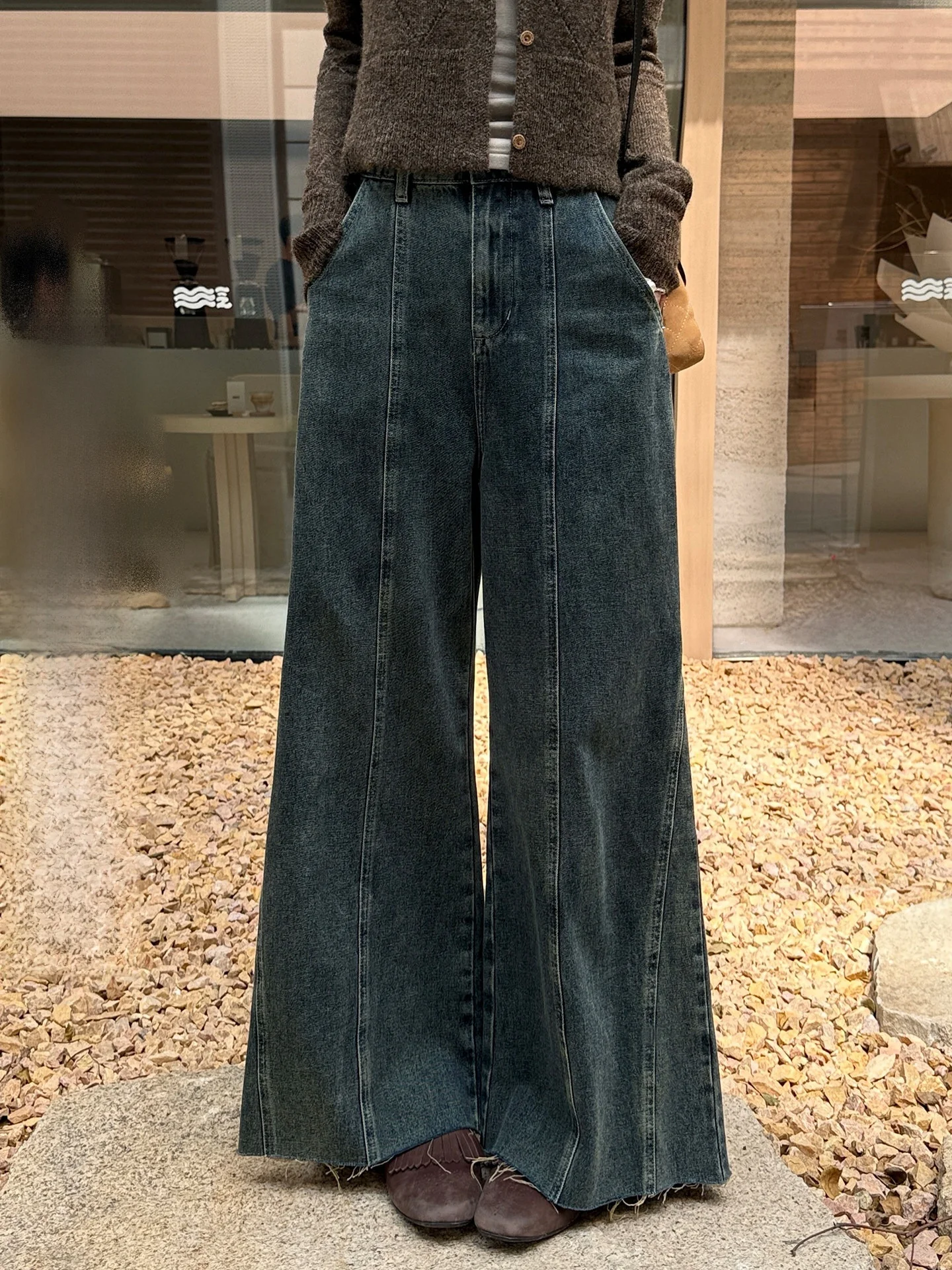 

Retro Washed Denim Wide Leg Pants Loose Fit Autumn Winter Design Casual High Waist Cotton Jeans Ladies Fashion Blue Denim