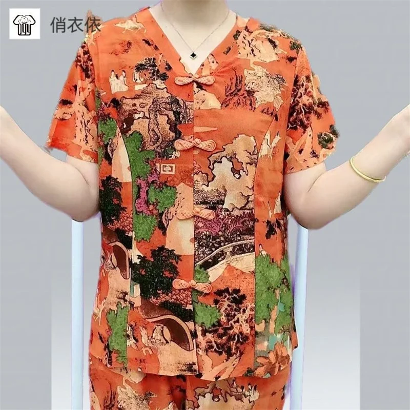 

Summer Middle-aged Elderly, New Chinese Style Fashion Leisure Two-piece Set Mothers Western-style Short Sleeved Top And Pants