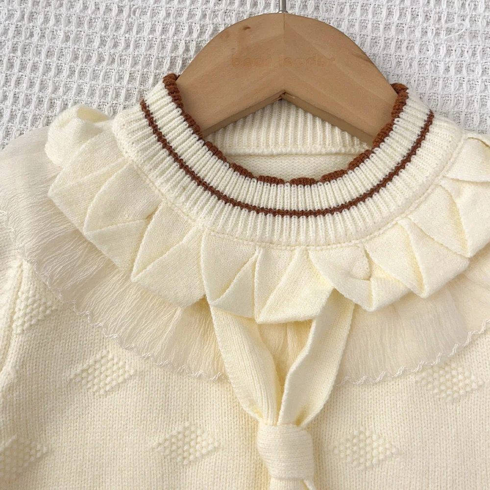 Rosa Süße und Niedliche Prinzessinnenkleidung Herbst/Winter Gestrickter Pullover Mädchenkleidung Langarm-Spitzen-Oberteil + Kurzer Rock – Detail 3
