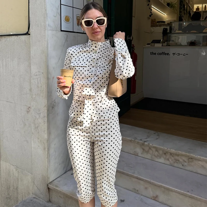 

Elegant White Polka Dot Matching Set Long Sleeve Cropped Top And High Waist Pants Retro Business Casual 2 Piece Sets