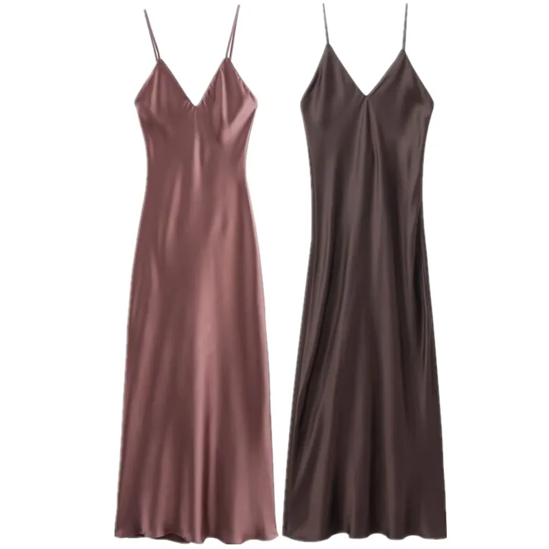 Vestido Midi de Seda Satin para Mulheres, Novo Estilo de Verão e Outono, Vestido Sem Alças, gável para o Trabalho, Sem Man...