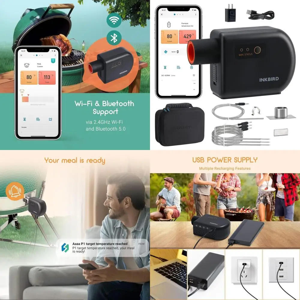 

Беспроводной регулятор температуры для барбекю с 4 зондами, совместимый с керамическими грилями, в комплект входят адаптеры и чехол для переноски